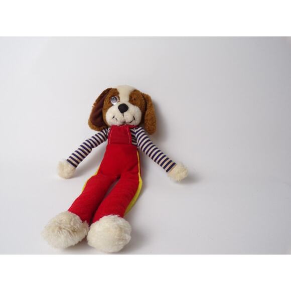 Vintage Anntoy Co. Ltd. Plush Dog Red Overalls Blue Stripes Long Legs Hong Kong - Picture 1 of 6